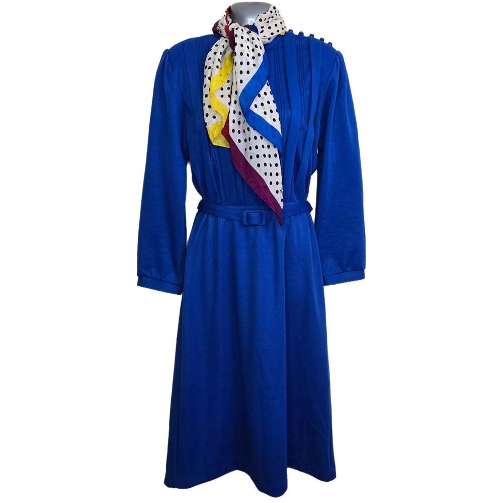 Vintage Kenny Classics Royal Blue Belted Midi Dress with Scarf Size 10
